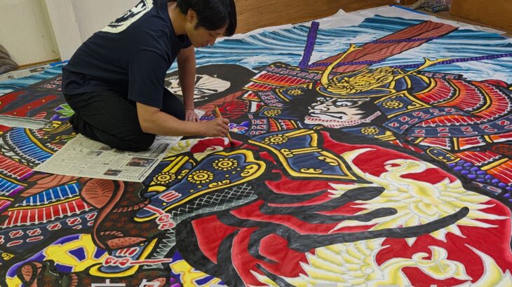 力強い武者絵、完成間近　鹿角市の花輪ねぷた